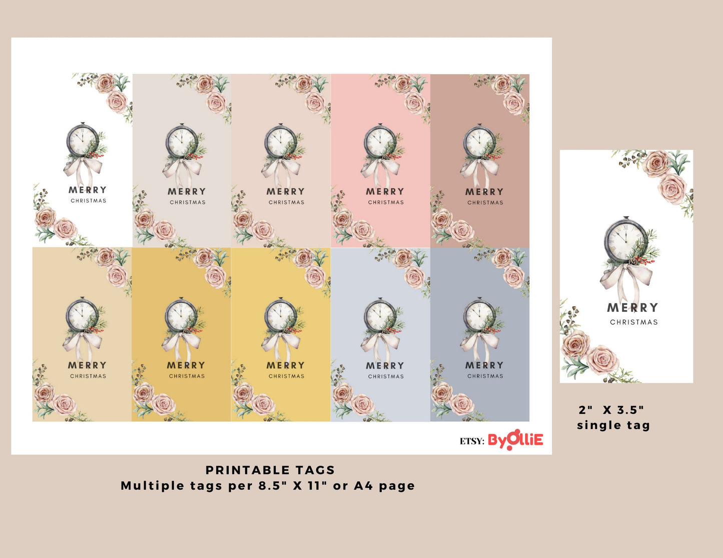 Flower and Clock Tag Design, Christmas Printable/Digital Tags, Holiday Gift Tags, Unique Greetings Tag Design