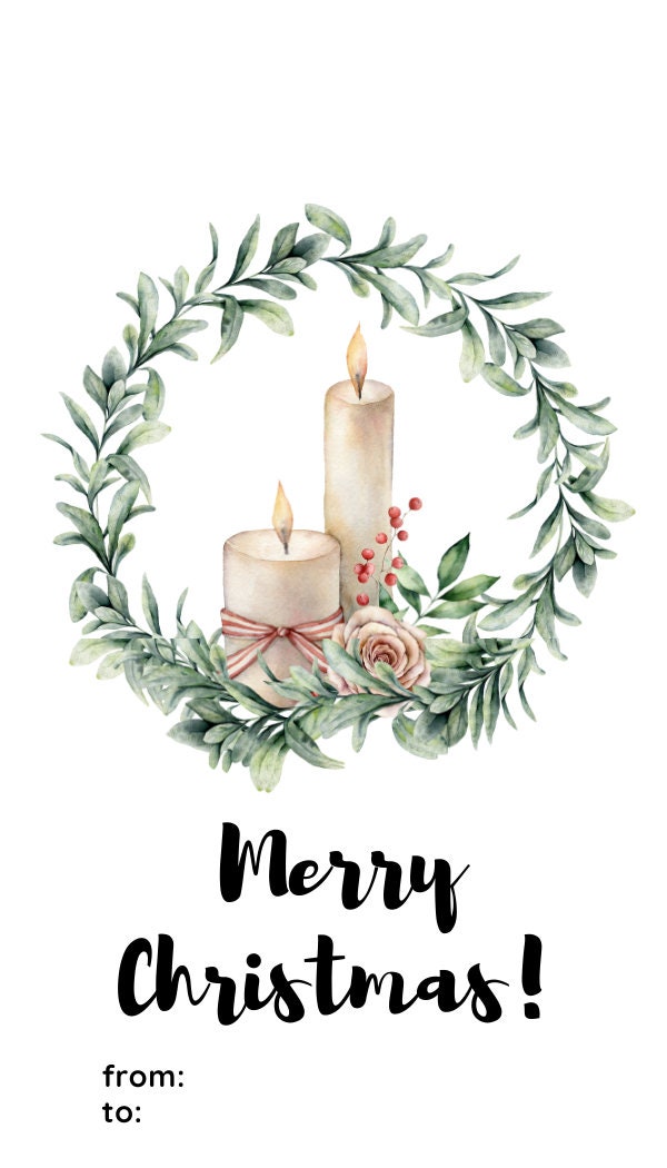 Flower and Candle, Different Colors Christmas Tags Design, Printable/Digital, Flower Christmas Greeting Tags for Gifts