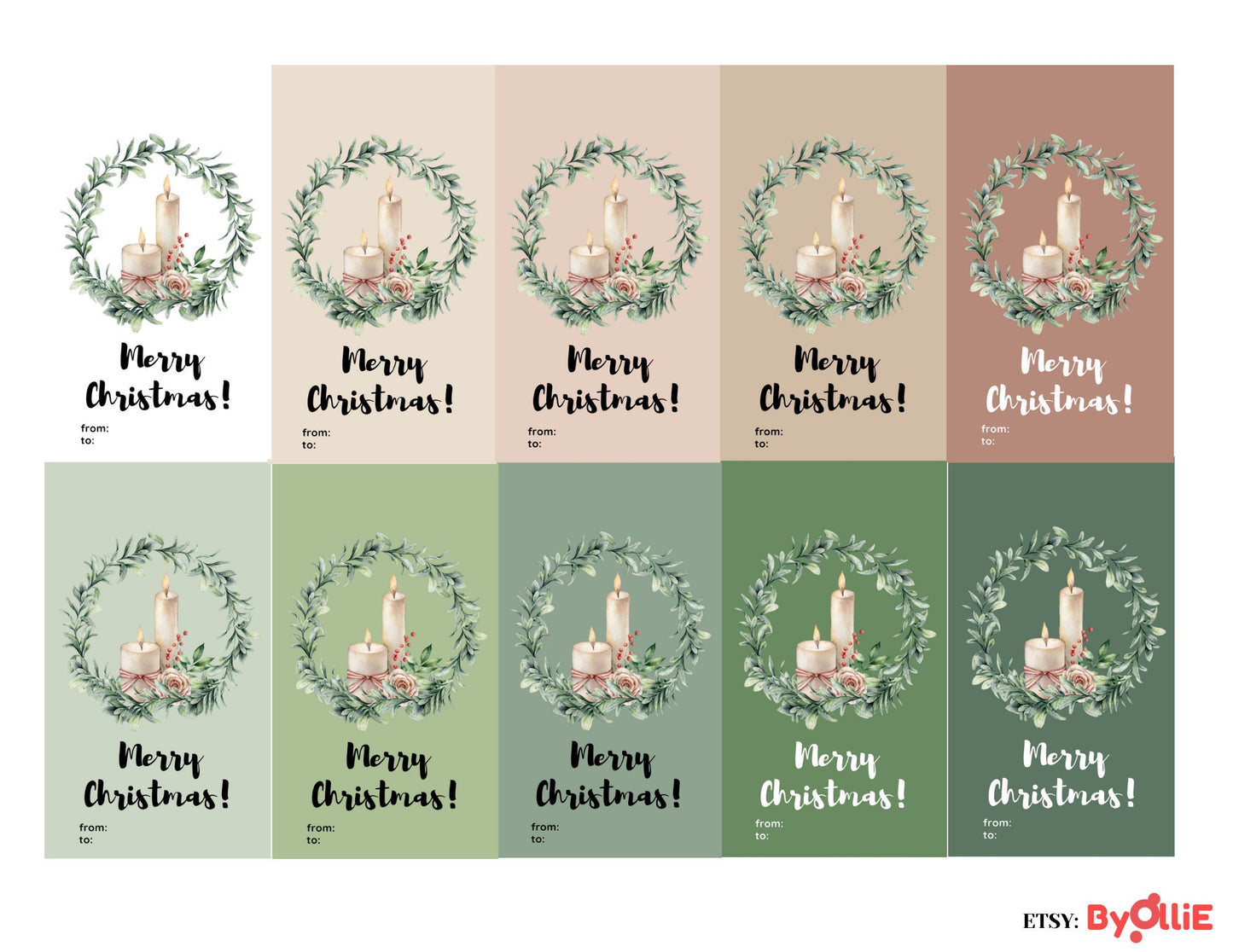 Flower and Candle, Different Colors Christmas Tags Design, Printable/Digital, Flower Christmas Greeting Tags for Gifts