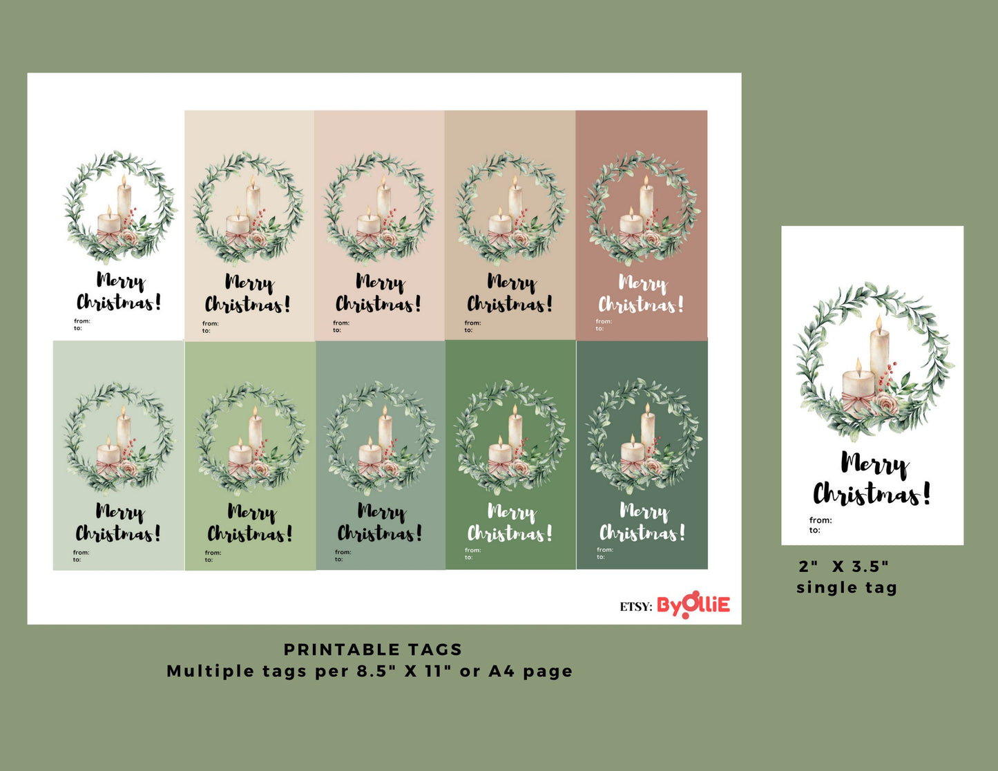 Flower and Candle, Different Colors Christmas Tags Design, Printable/Digital, Flower Christmas Greeting Tags for Gifts