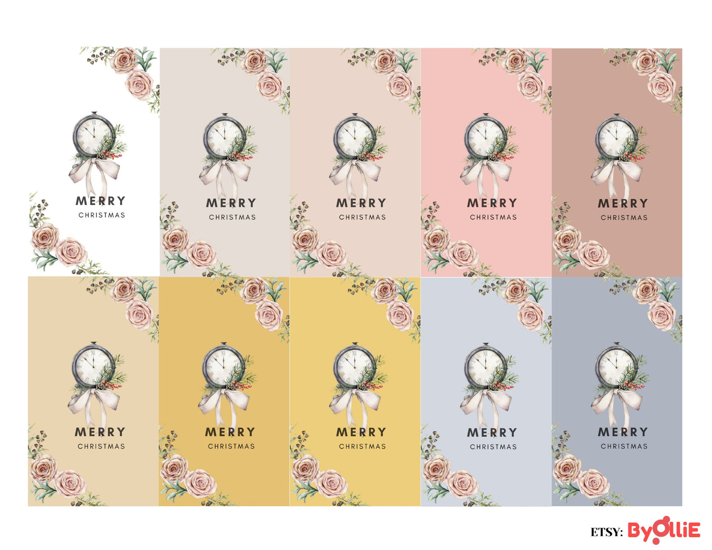 Flower and Clock Tag Design, Christmas Printable/Digital Tags, Holiday Gift Tags, Unique Greetings Tag Design