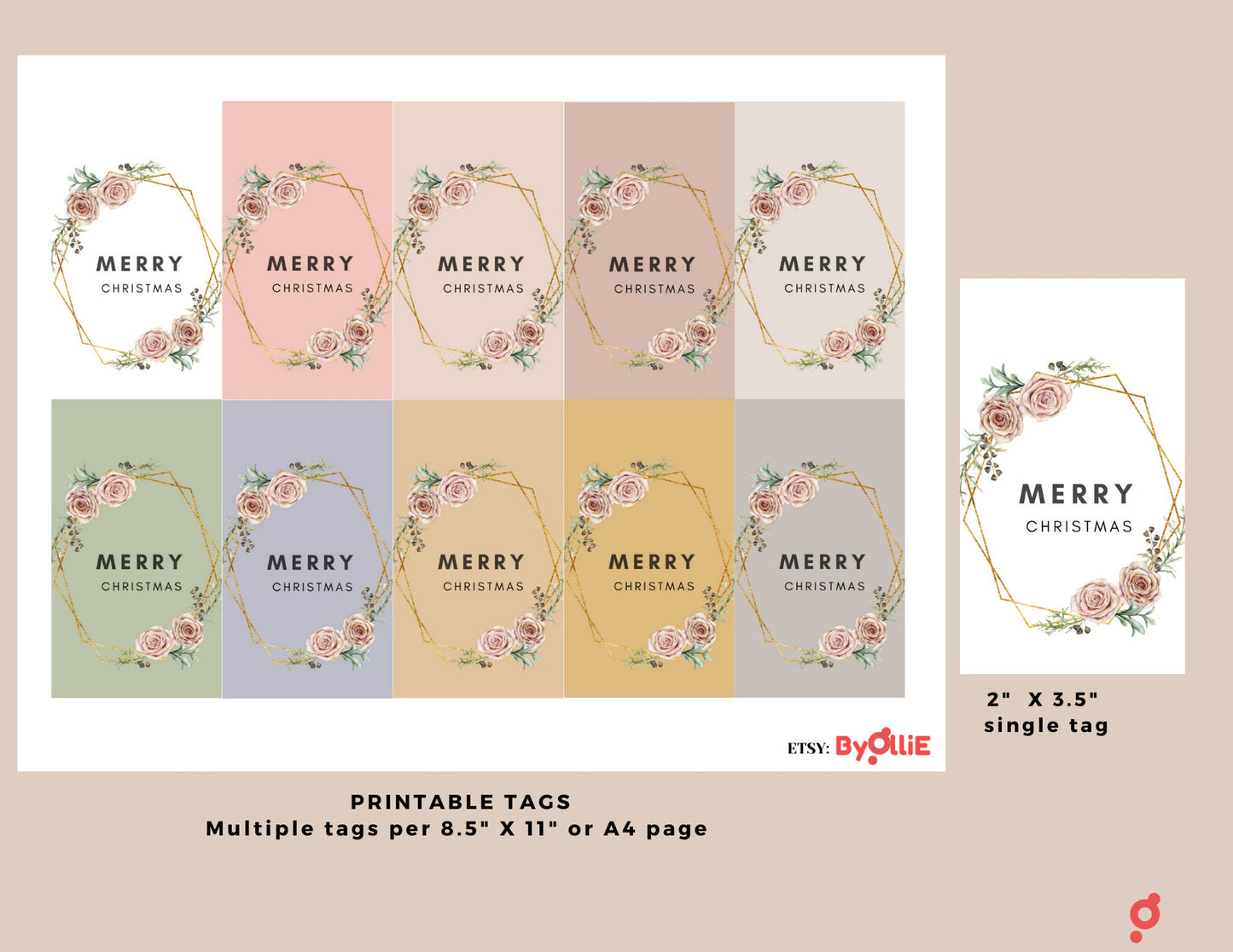 Light Colors Christmas Tags Design, Printable/Digital, Flower Christmas Greeting Tags for Gifts, Christmas/Holidays/Thanksgiving