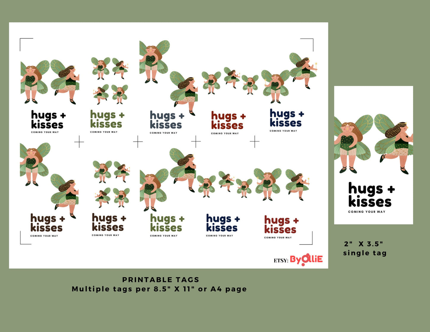 Fairy Printable Tags, Printable Tags Digital, Hugs and Kisses Tag Designs. Green Fairy Souvenir Tag Designs. Easy Print Nice Tags