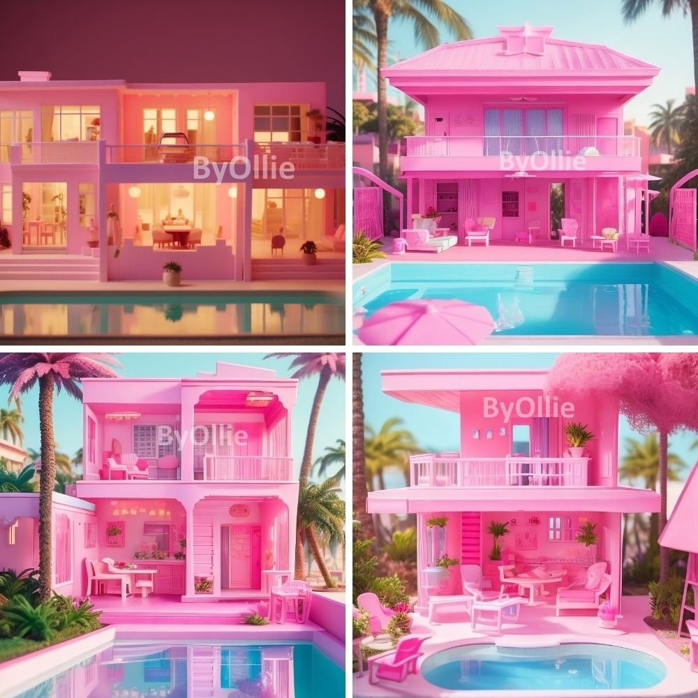 4 Malibu Girls Teens Chic Pink Beach Dollhouse Pool, Dream Mansion Pool House kids Digital Party Aesthetic Photo Backdrop Background Overlay