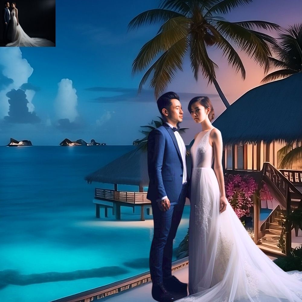 Night Sunset Maldives Beach Dreamy Couple Digital Backdrop Travel Honeymoon Digital Custom Photoshop Studio Overlays Composite Background