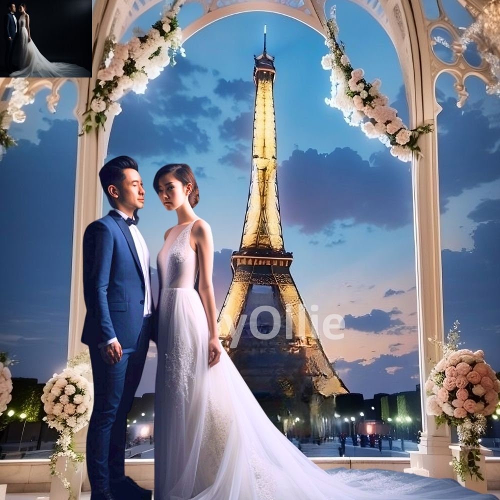 Eiffel Tower Paris France, Couple Honeymoon Vacation Wedding Debutante Chic Studio Aesthetic Digital Photography Paris Theme Backdrop