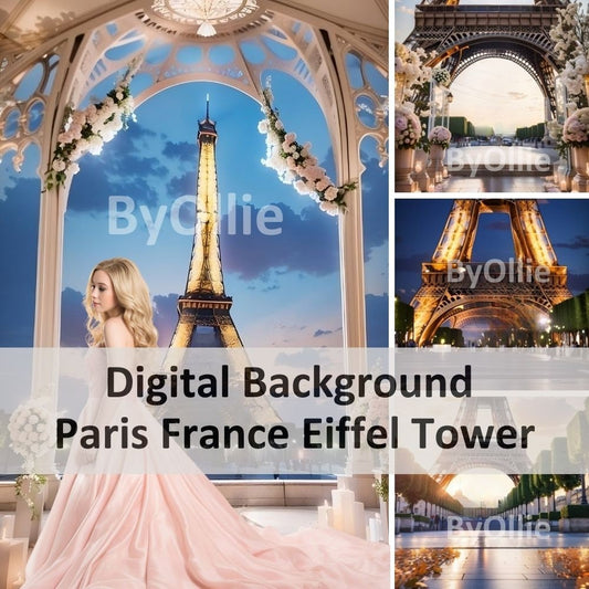 Eiffel Tower Paris France, Couple Honeymoon Vacation Wedding Debutante Chic Studio Aesthetic Digital Photography Paris Theme Backdrop