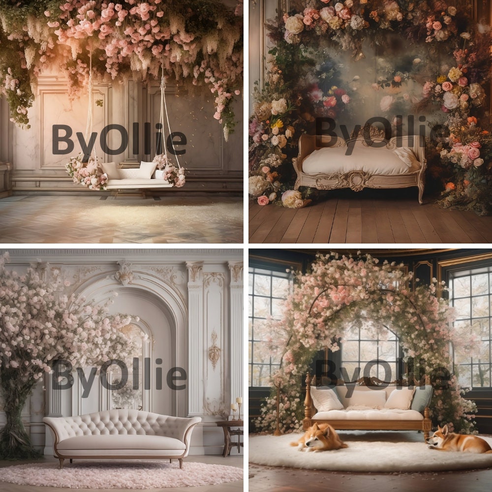 Princess Floral Newborn Photography Digital Backdrops Bed Baptism Christening Baby Studio Backgrounds Crib Babies Composite baroque carriage