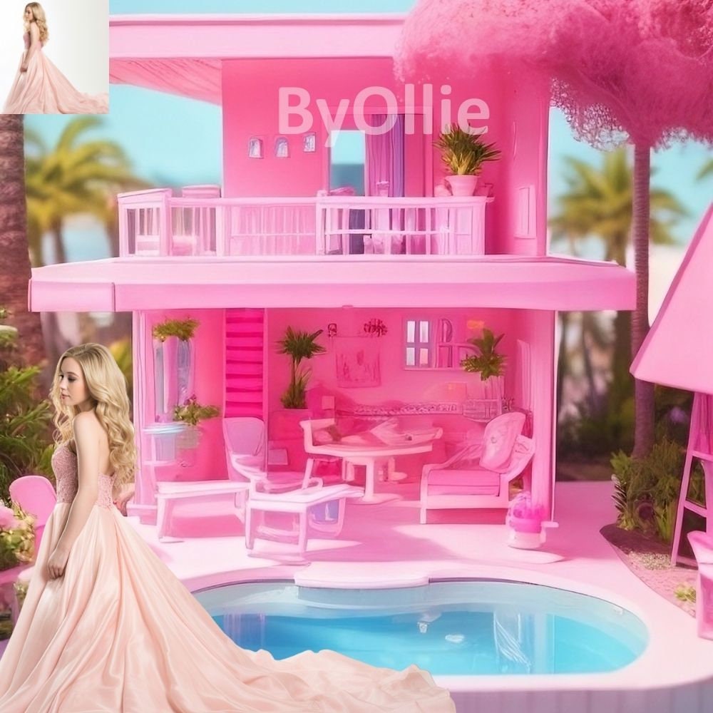 4 Malibu Girls Teens Chic Pink Beach Dollhouse Pool, Dream Mansion Pool House kids Digital Party Aesthetic Photo Backdrop Background Overlay