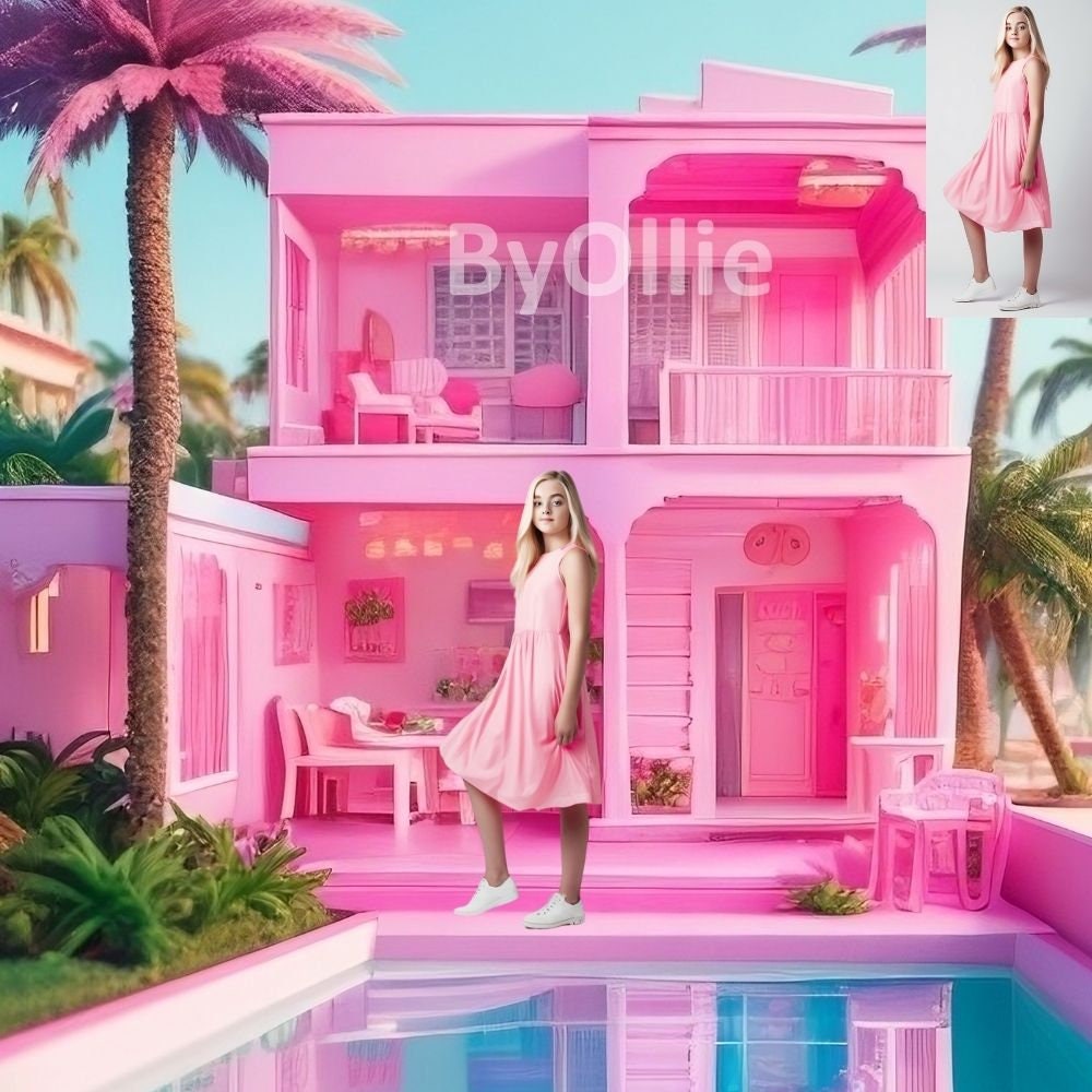 4 Malibu Girls Teens Chic Pink Beach Dollhouse Pool, Dream Mansion Pool House kids Digital Party Aesthetic Photo Backdrop Background Overlay