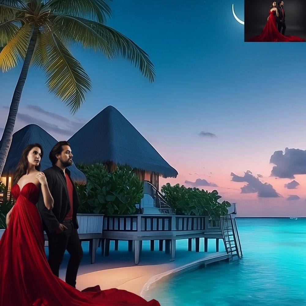 Night Sunset Maldives Beach Dreamy Couple Digital Backdrop Travel Honeymoon Digital Custom Photoshop Studio Overlays Composite Background