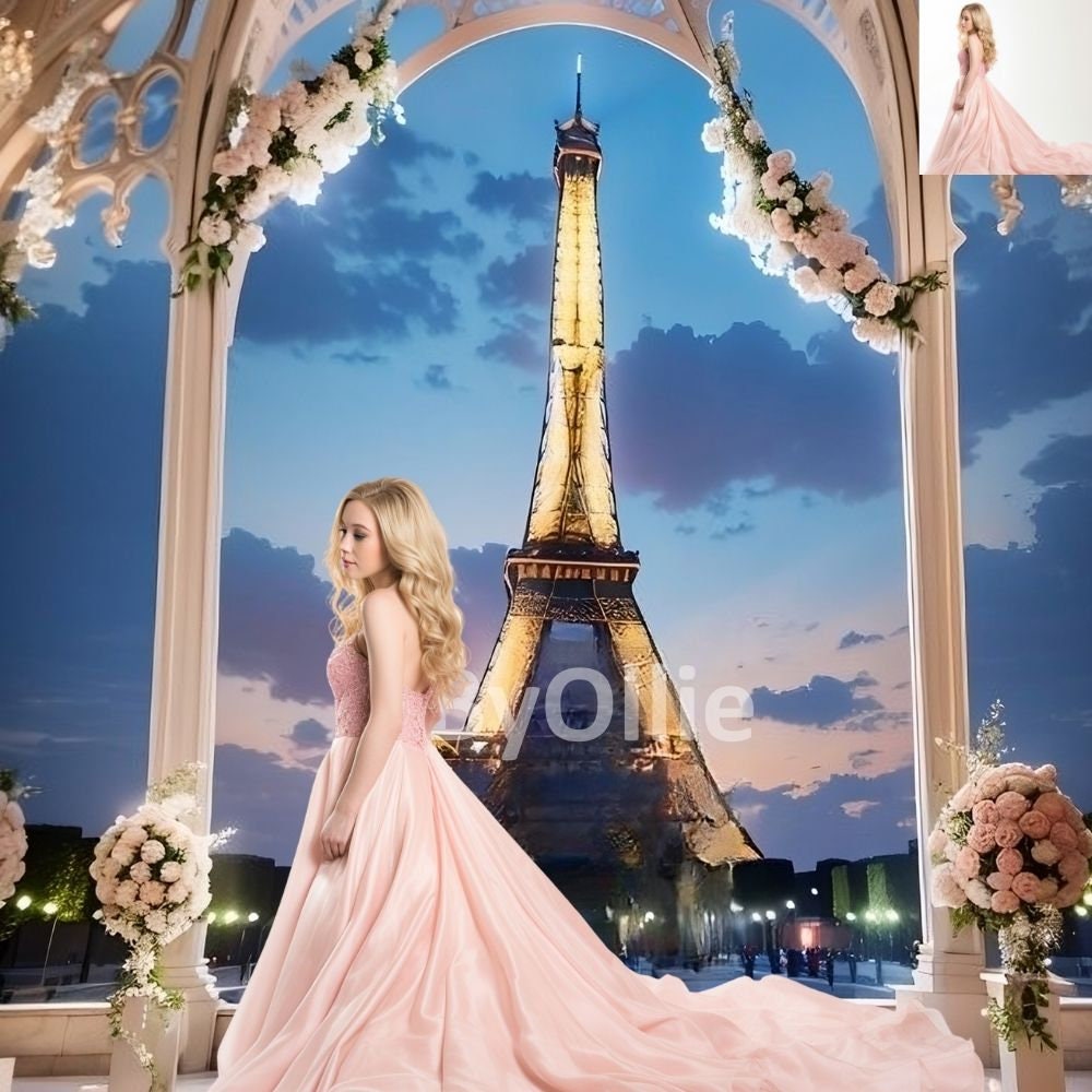 Eiffel Tower Paris France, Couple Honeymoon Vacation Wedding Debutante Chic Studio Aesthetic Digital Photography Paris Theme Backdrop