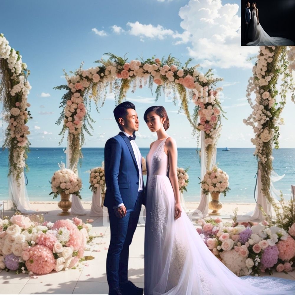 8 Tropical Beach Digital Backgrounds Floral Arch Sky Wedding Couple Honeymoon Pre nuptial Debutante Photography Portrait Backdrops Aesthetic