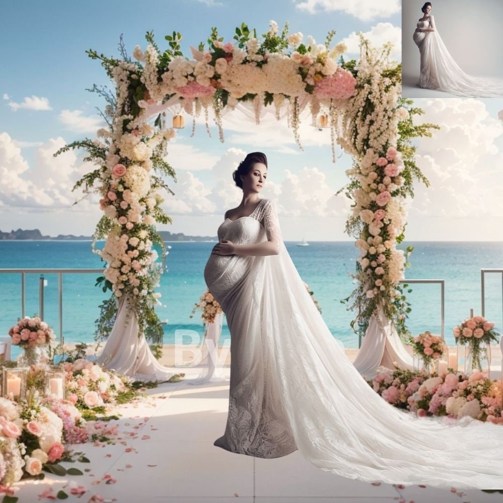 8 Tropical Beach Digital Backgrounds Floral Arch Sky Wedding Couple Honeymoon Pre nuptial Debutante Photography Portrait Backdrops Aesthetic