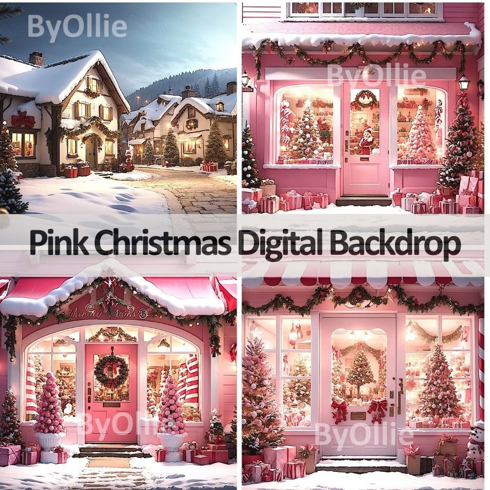 4 Christmas Village House CG Digital Backdrops Stock Winter Backgrounds North Pole Santa's, Shops Snow Instagram Travel Family Overlays