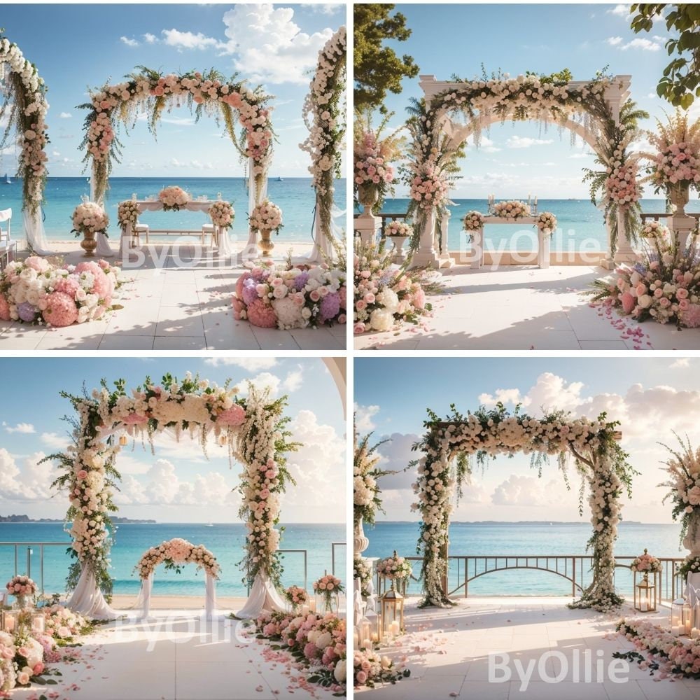 8 Tropical Beach Digital Backgrounds Floral Arch Sky Wedding Couple Honeymoon Pre nuptial Debutante Photography Portrait Backdrops Aesthetic