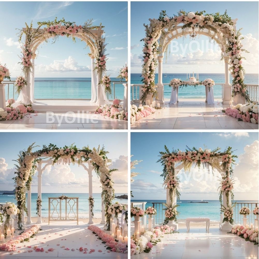 8 Tropical Beach Digital Backgrounds Floral Arch Sky Wedding Couple Honeymoon Pre nuptial Debutante Photography Portrait Backdrops Aesthetic