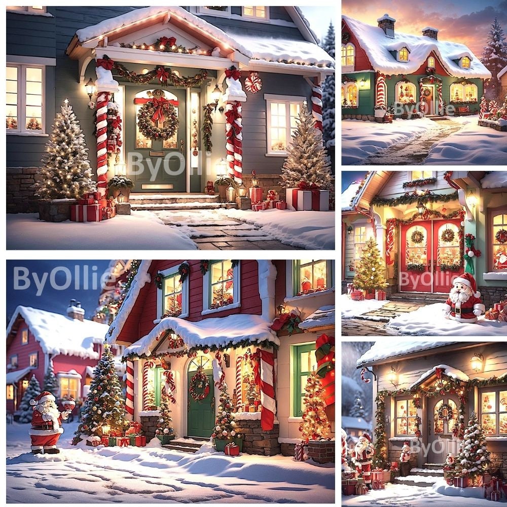 10 Winter Snow Christmas Digital Backdrops | Village House Santa Victorian Scene Backgrounds Replacement Family Photo Composite Photoshop