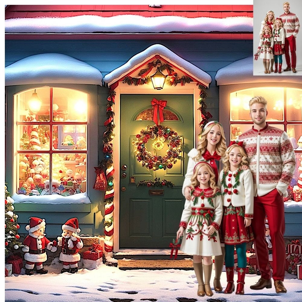 10 Winter Snow Christmas Digital Backdrops | Village House Santa Victorian Scene Backgrounds Replacement Family Photo Composite Photoshop