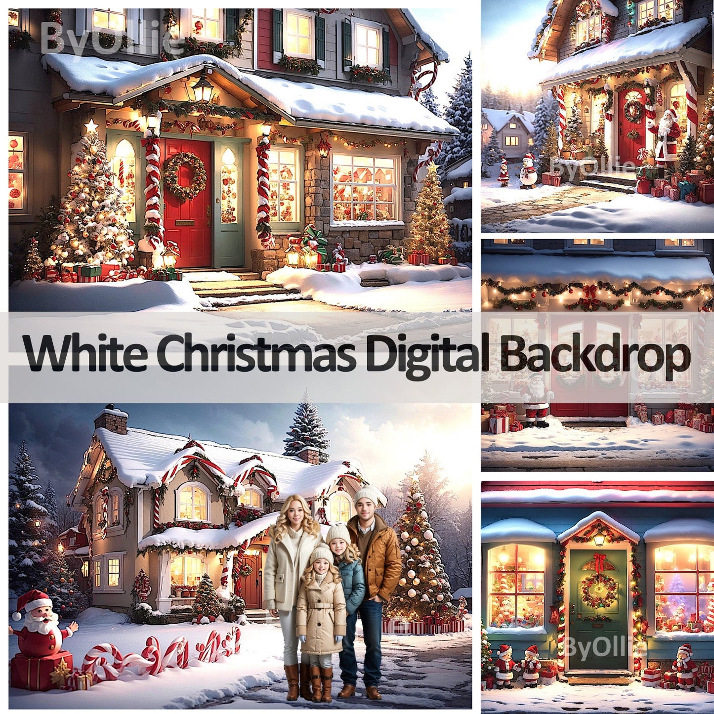 14 Christmas Pink White Winter Village House Digital Backdrops Backgrounds North Pole Santa's, Shops Snow Instagram Travel Family Overlays