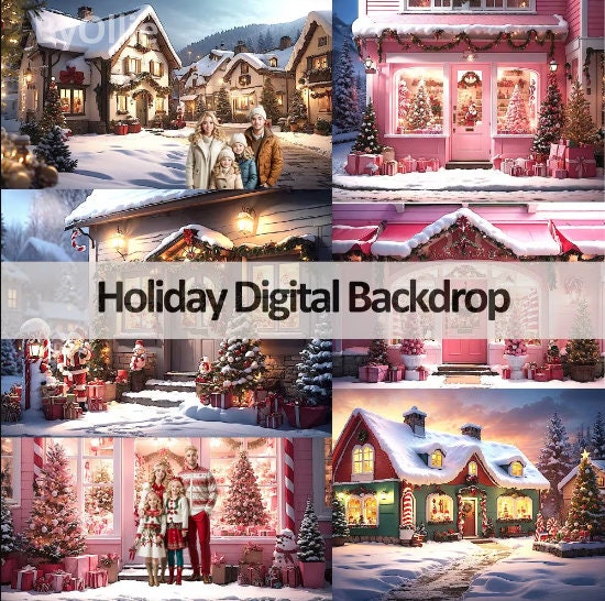 16 Holiday Digital Backdrops Family Cozy Christmas Tree Beautiful House Mansion Kid Digital Portrait Photography Backgrounds Photoshop Cards