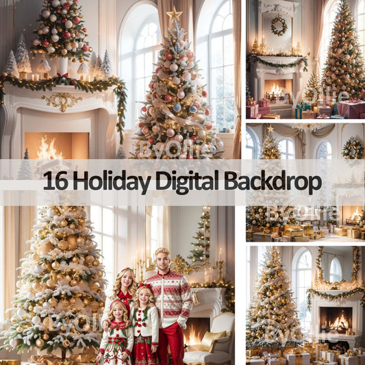 16 Holiday Digital Backdrops Family Cozy Christmas Tree Beautiful House Mansion Kid Digital Portrait Photography Backgrounds Photoshop Cards