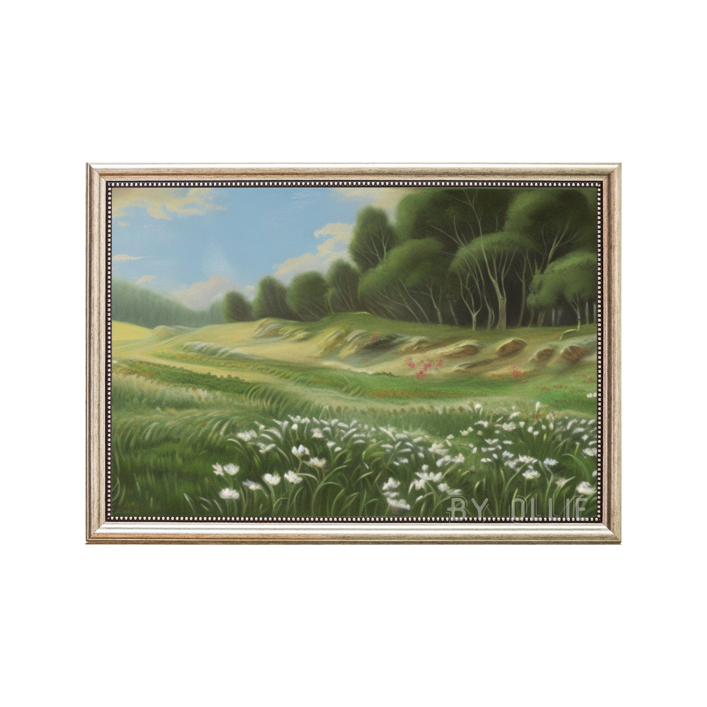 Spring Vintage Landscape Paintings| Magical Scenery Oil Painting| Green Trees with Small white Flowers Painting| Digital Arts Painting