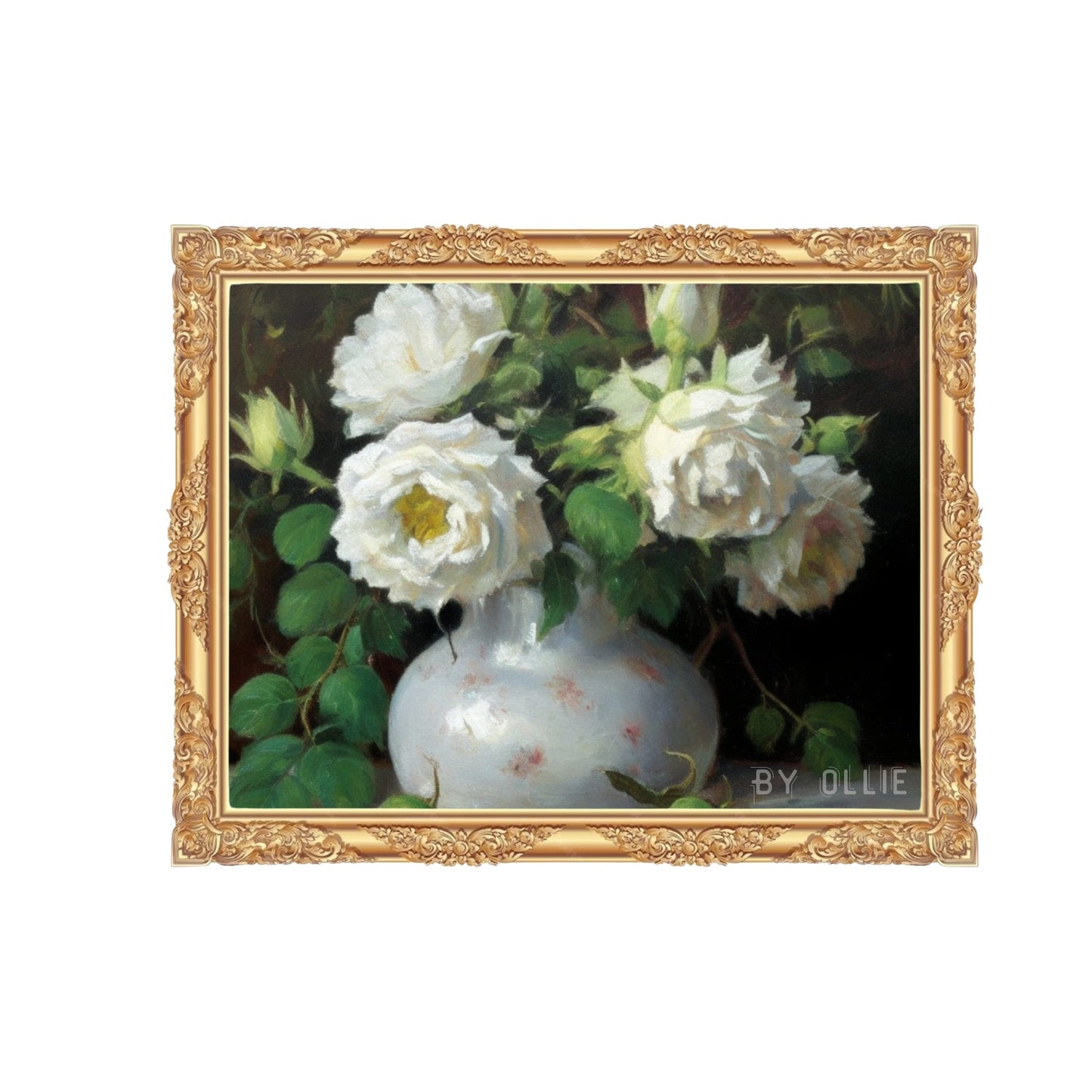 Vintage Muted Still Life Painting | White Rose Flowers Botanical Farmhouse Print| Ornament Flower Vase Oil Painting| Digital Art Painting