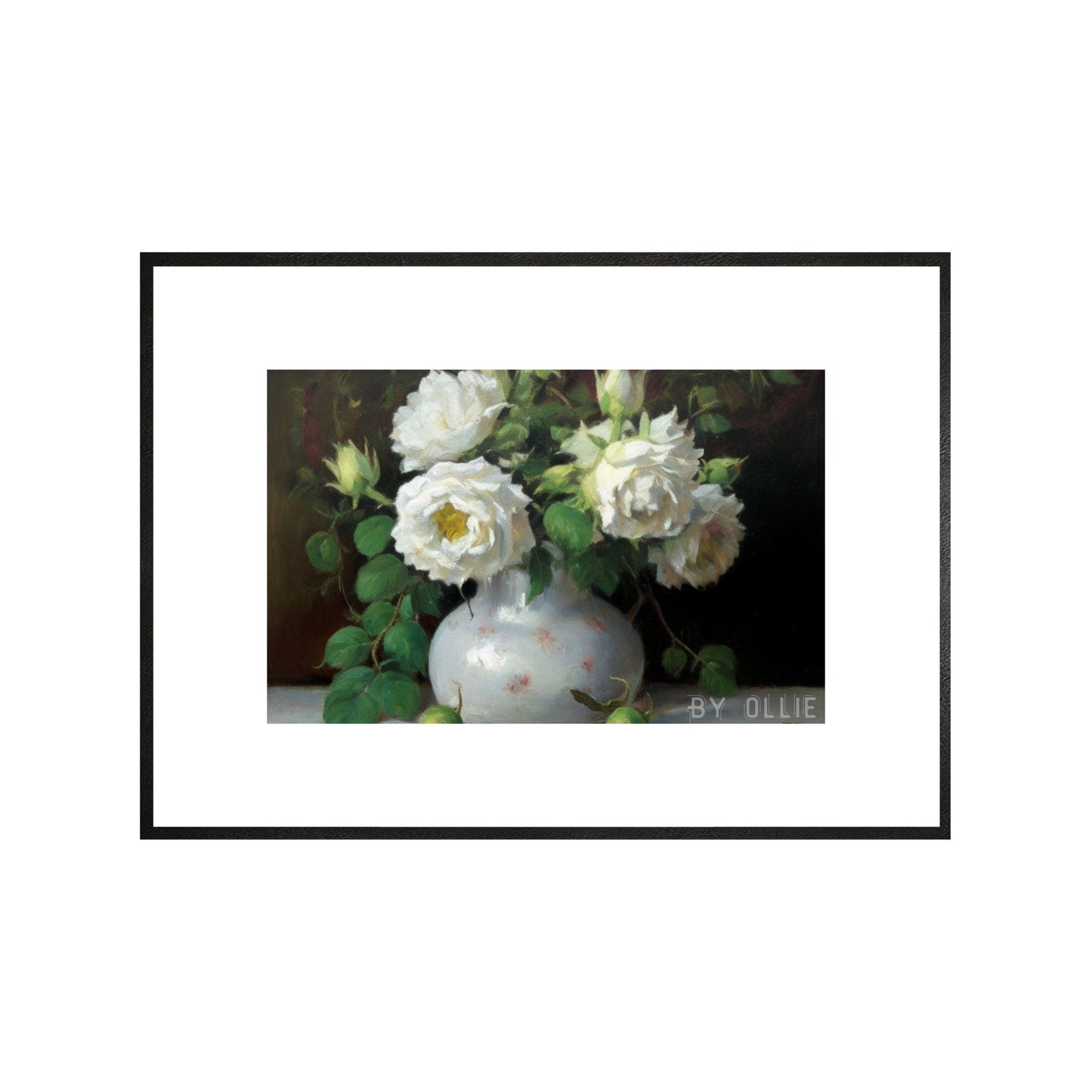 Vintage Muted Still Life Painting | White Rose Flowers Botanical Farmhouse Print| Ornament Flower Vase Oil Painting| Digital Art Painting