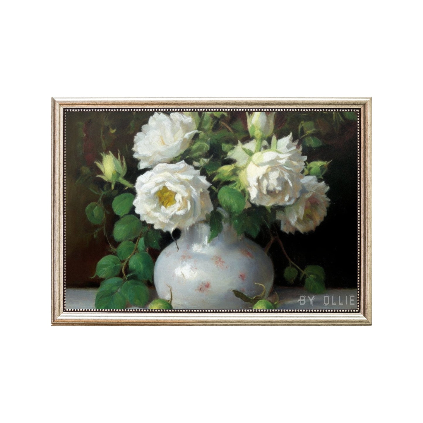 Vintage Muted Still Life Painting | White Rose Flowers Botanical Farmhouse Print| Ornament Flower Vase Oil Painting| Digital Art Painting