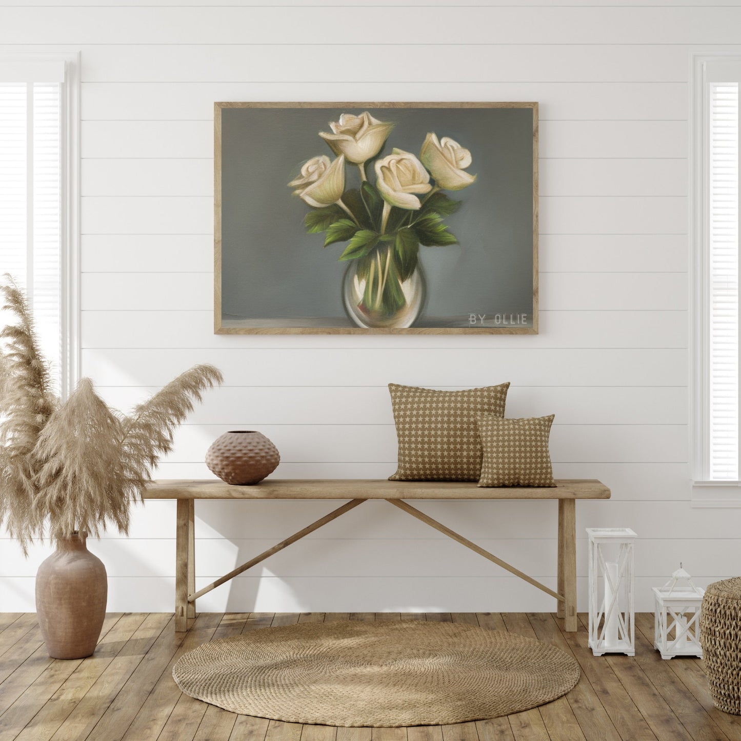 Classic Spanish White Rose Painting | Bright Vintage Kitchen Decor| Sweet Ornamental Boquete Painting| Digital Wall Art Painting for Foyer