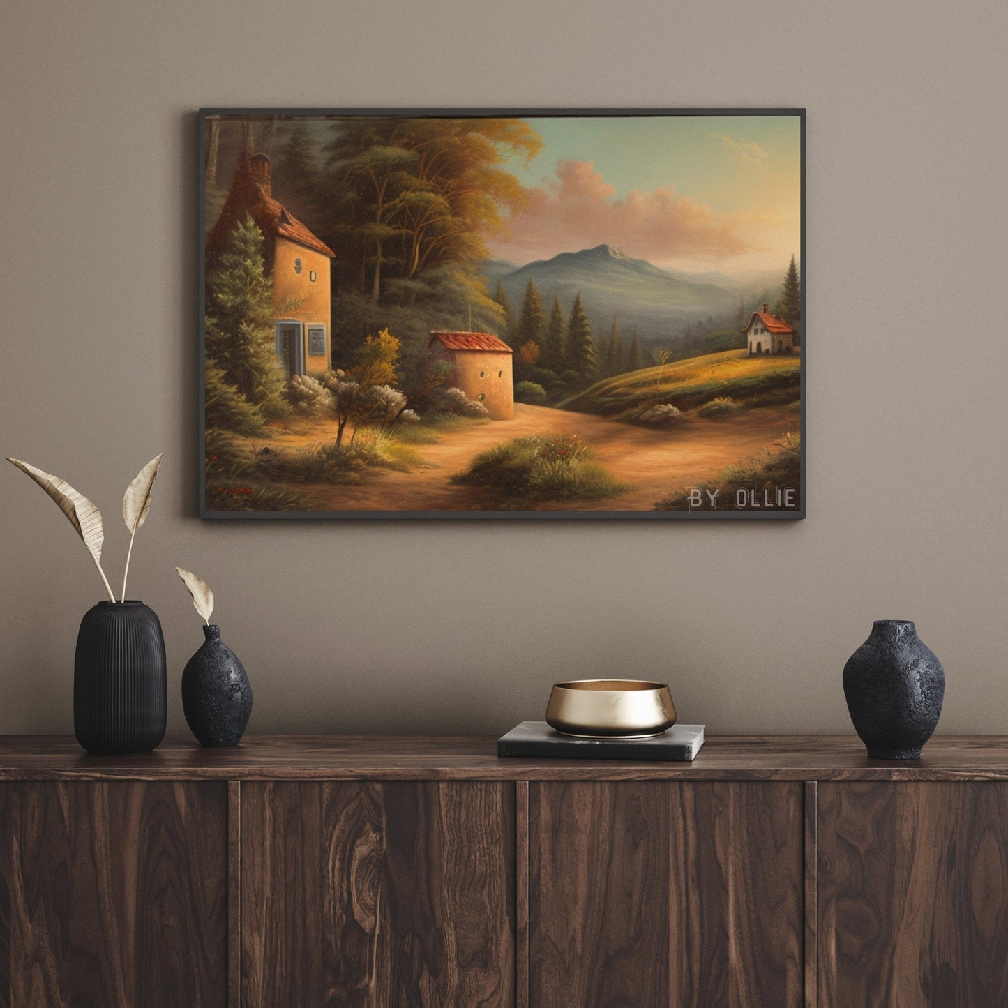 Rustic Mountain Painting | Vintage Landscape Digital Print | Country Side Oil Painting| Classing Village Decor| Digital Wall Art Painting