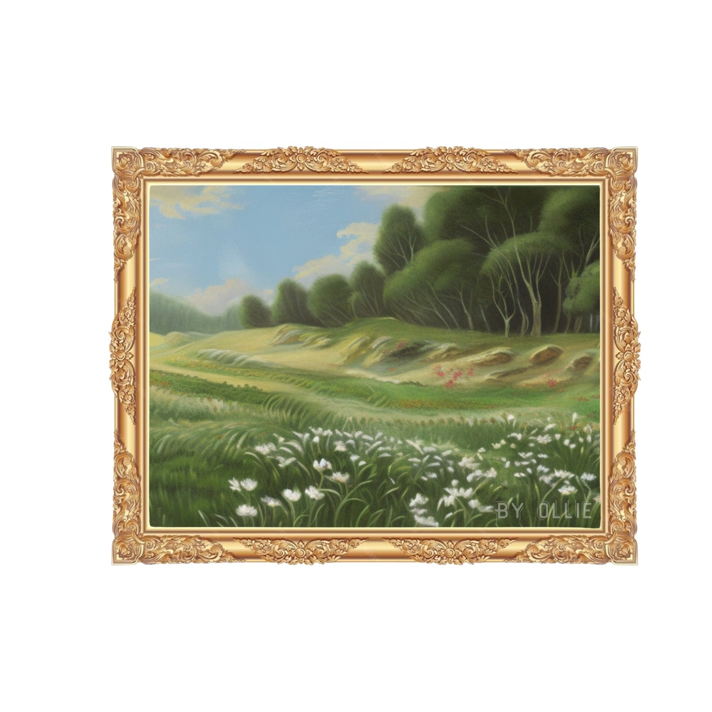 Spring Vintage Landscape Paintings| Magical Scenery Oil Painting| Green Trees with Small white Flowers Painting| Digital Arts Painting