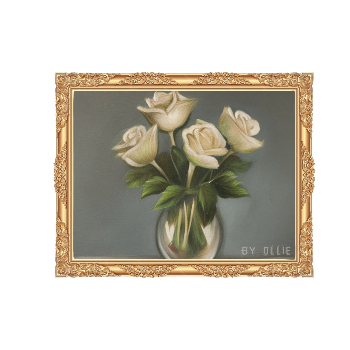 Classic Spanish White Rose Painting | Bright Vintage Kitchen Decor| Sweet Ornamental Boquete Painting| Digital Wall Art Painting for Foyer