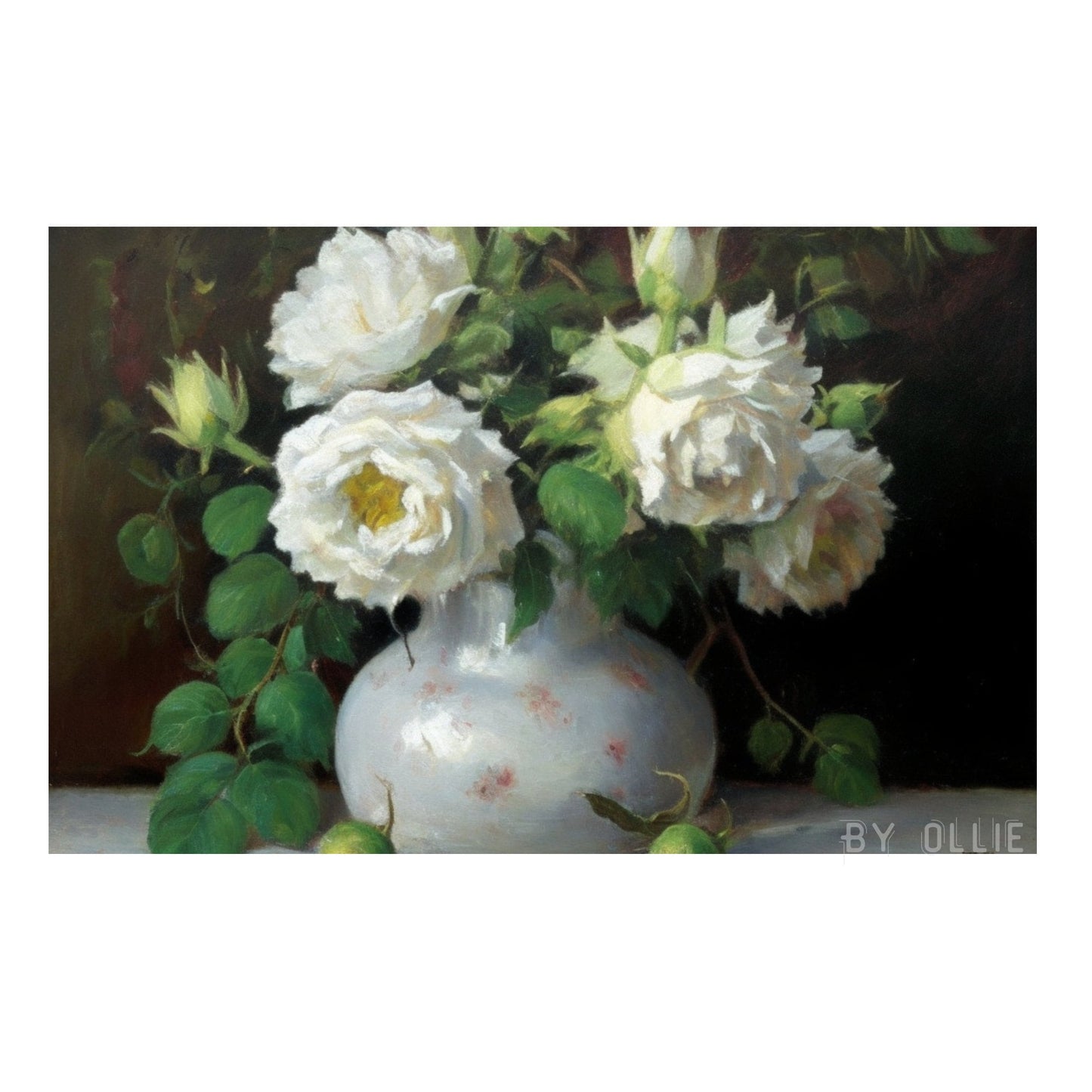 Vintage Muted Still Life Painting | White Rose Flowers Botanical Farmhouse Print| Ornament Flower Vase Oil Painting| Digital Art Painting