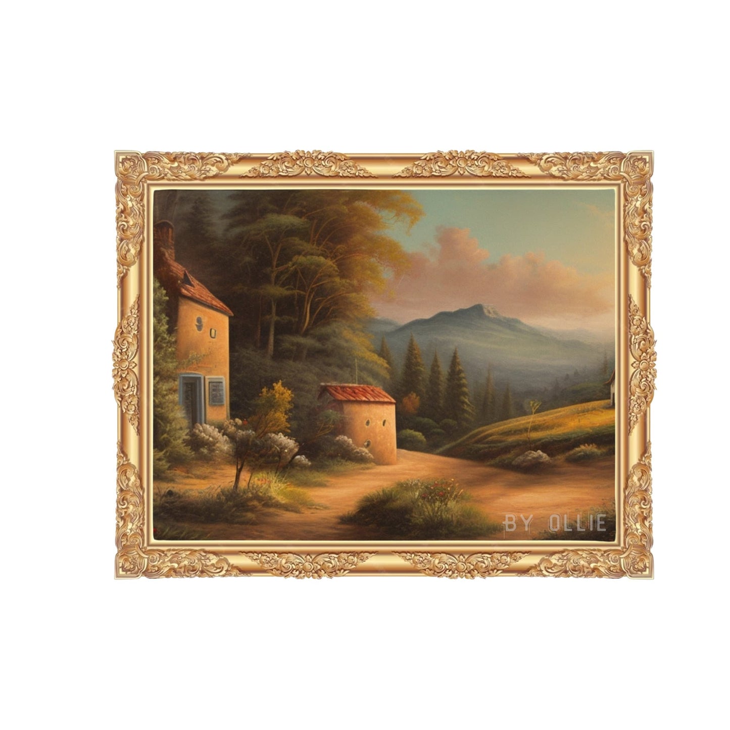 Rustic Mountain Painting | Vintage Landscape Digital Print | Country Side Oil Painting| Classing Village Decor| Digital Wall Art Painting