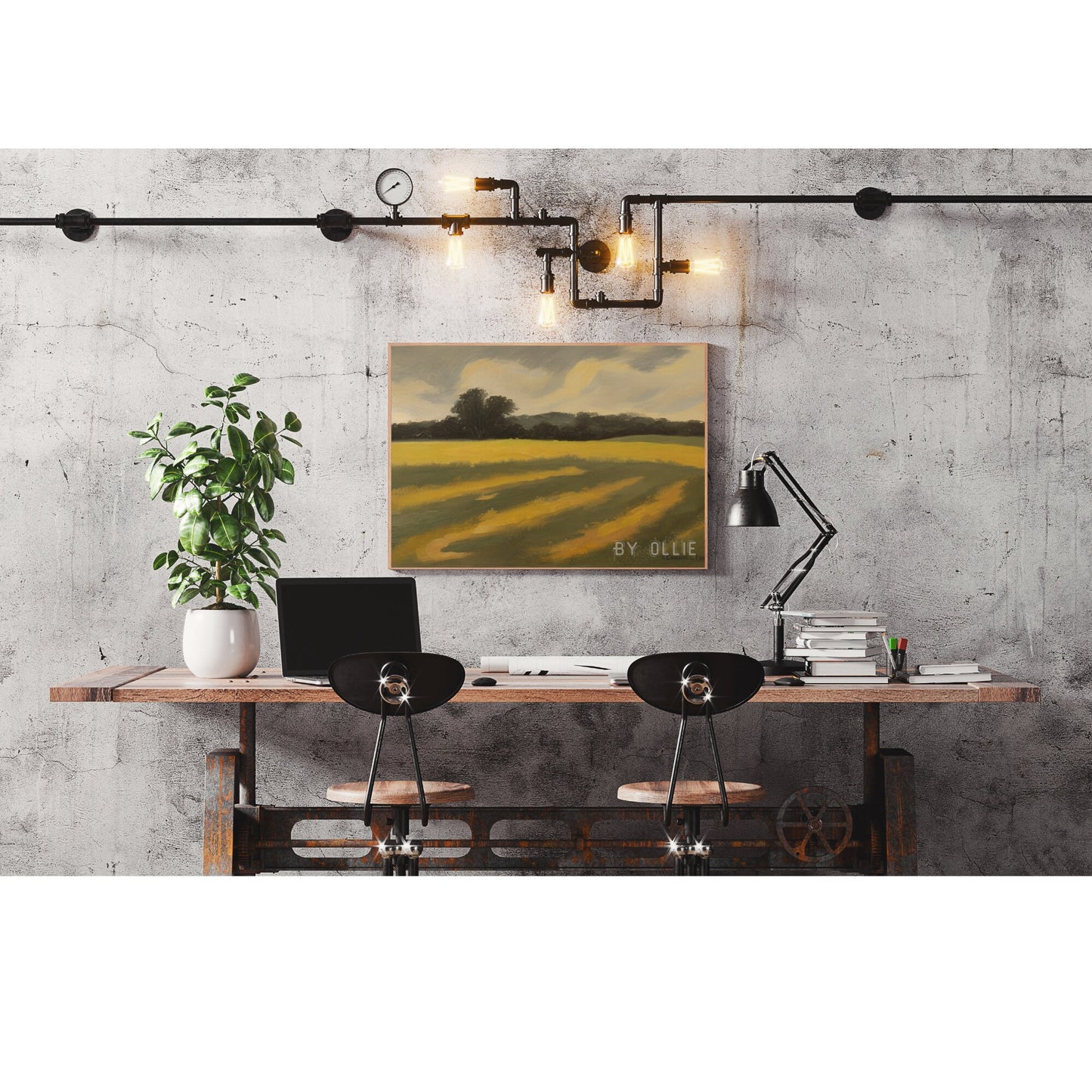 Oil Painting of Vintage Golden Scenery Moody Landscape and Autumn Farmhouse Wall Decor Digital Downloadable Painting for Bathroom Office