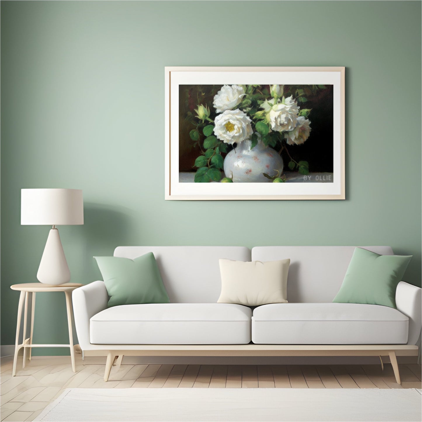 Vintage Muted Still Life Painting | White Rose Flowers Botanical Farmhouse Print| Ornament Flower Vase Oil Painting| Digital Art Painting