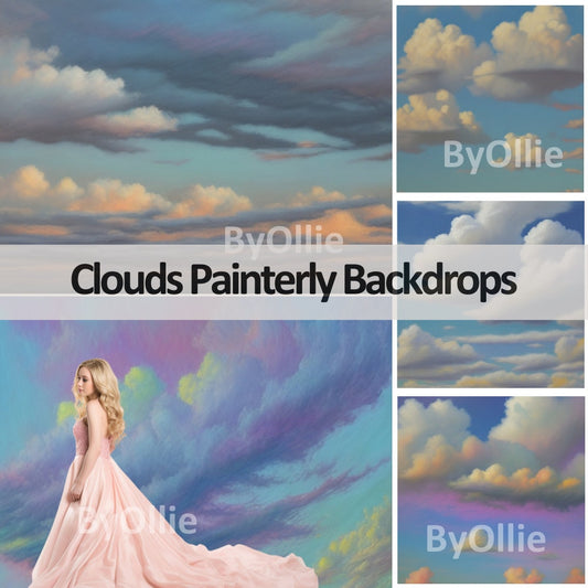 10 Fine Art Painterly Clouds Digital Backdrops, Backdrop Overlays, Photography Digital Background Overlays, Photoshop Textures Overlays