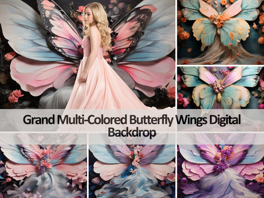 16 Digital Backdrops, Grand Ombre Multi-Colored Butterfly Wings, Backdrop Overlay, Studio Backdrop, Photoshop Overlays Fine Art Texture