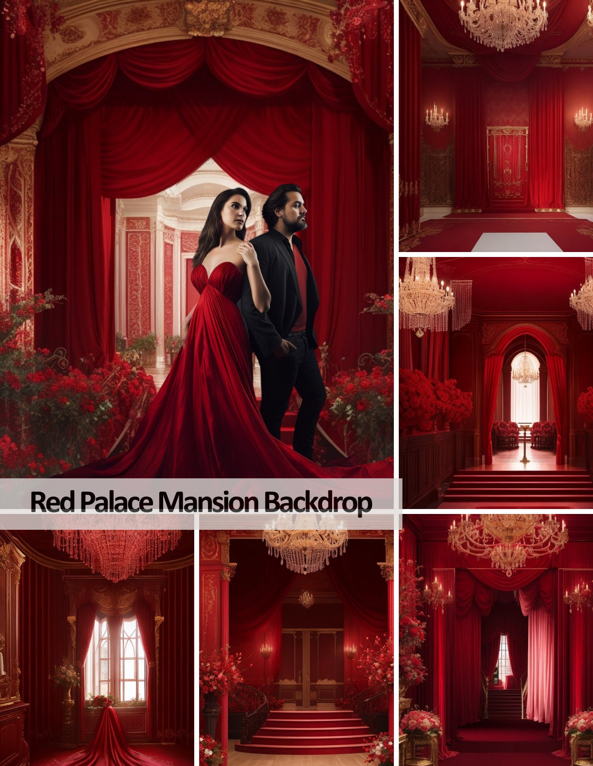 10 Red Palace Mansion Digital Backdrops Royal Elegant Photography Studio Background for Bridal Fine Art Portrait Photograph Overlays