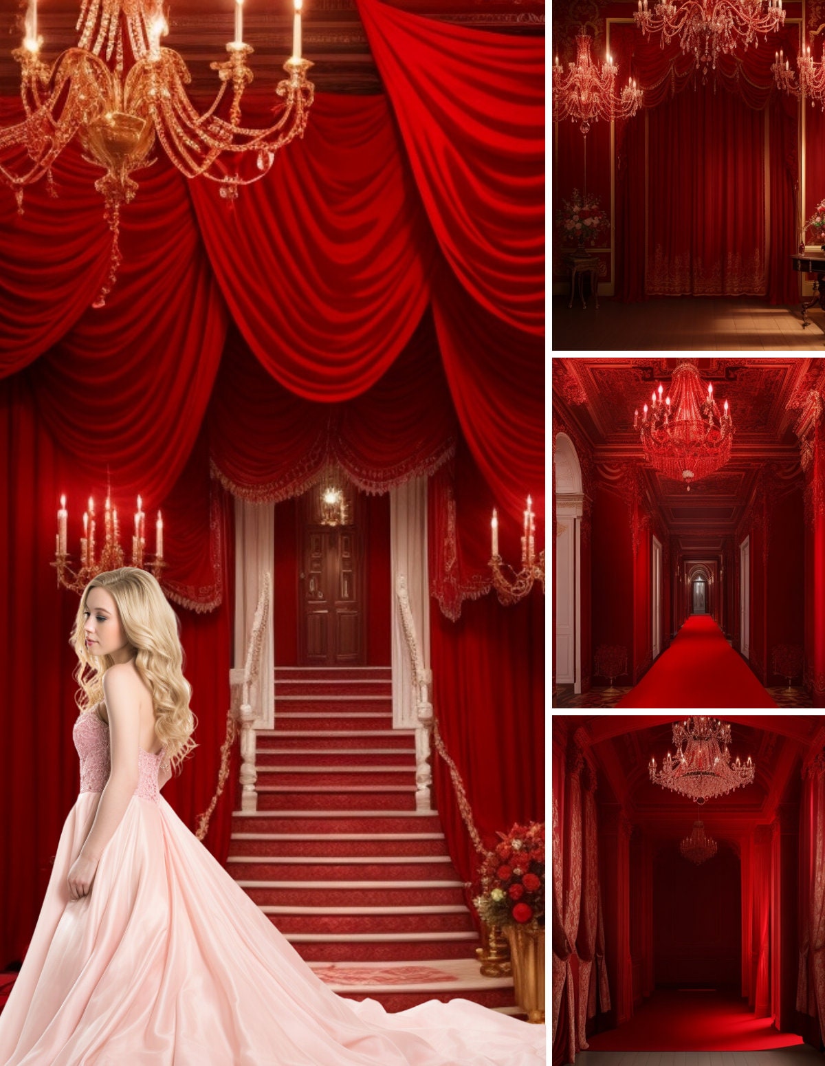 10 Red Palace Mansion Digital Backdrops Royal Elegant Photography Studio Background for Bridal Fine Art Portrait Photograph Overlays